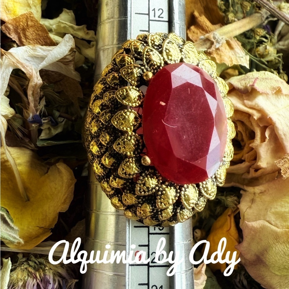 Brutalist Red Stone Ring • Antique Gold Leaves • Wimsogoth Statement